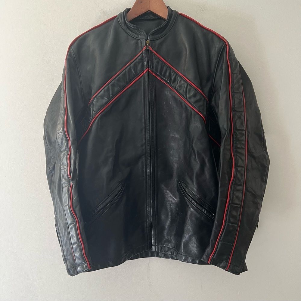 Bates Leather Motorcycle Jacket 70s Cafe Racer Black Red Chevron Size Small 40